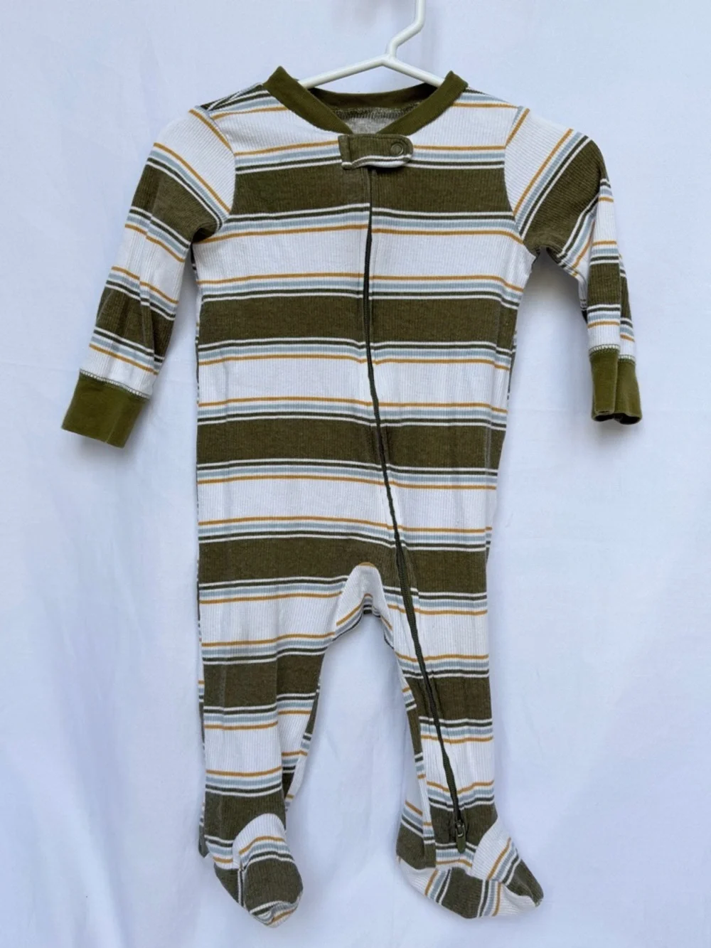 6 MTH Carter's Olive Green, White & Yellow Striped Footed One-Piece